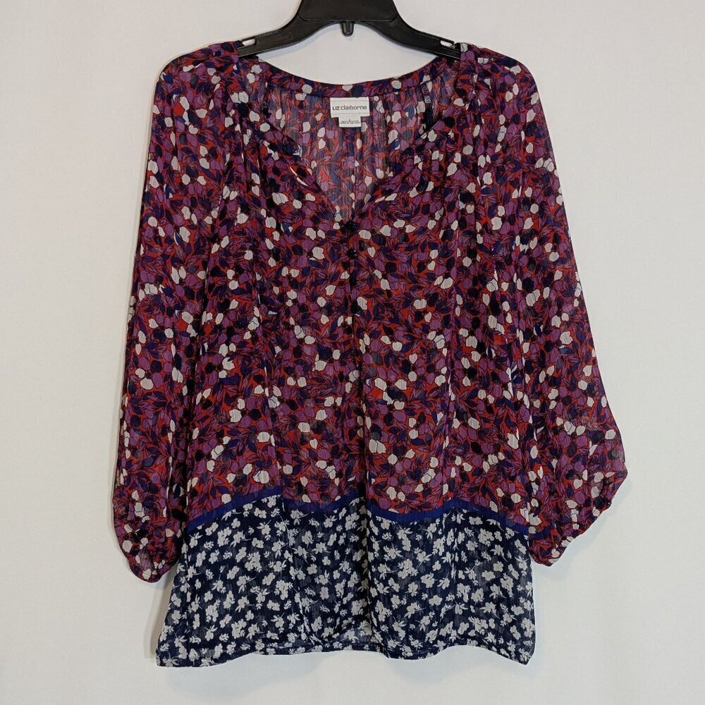 LIZ CLAIBORNE Red/Purple Floral Sheer Chiffon Pullover Peasant Top; Size L